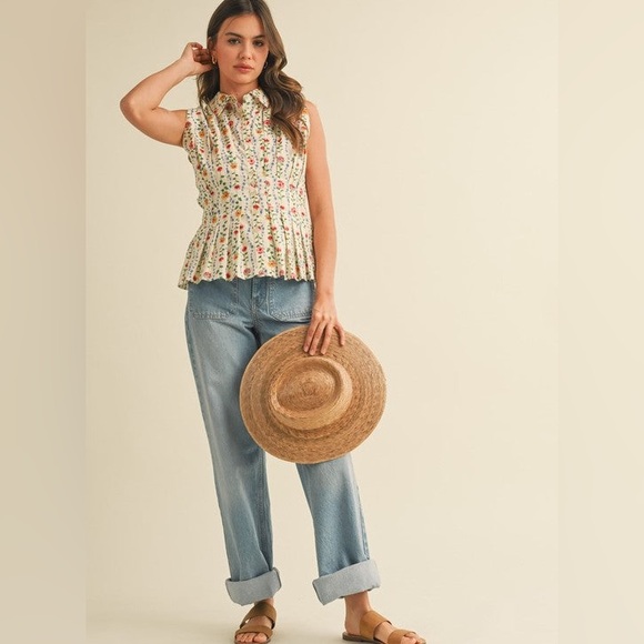 &merci Sleeveless Cream Floral Button-Front Blouse  Sz L Pleated Peplum Waist - Picture 12 of 13